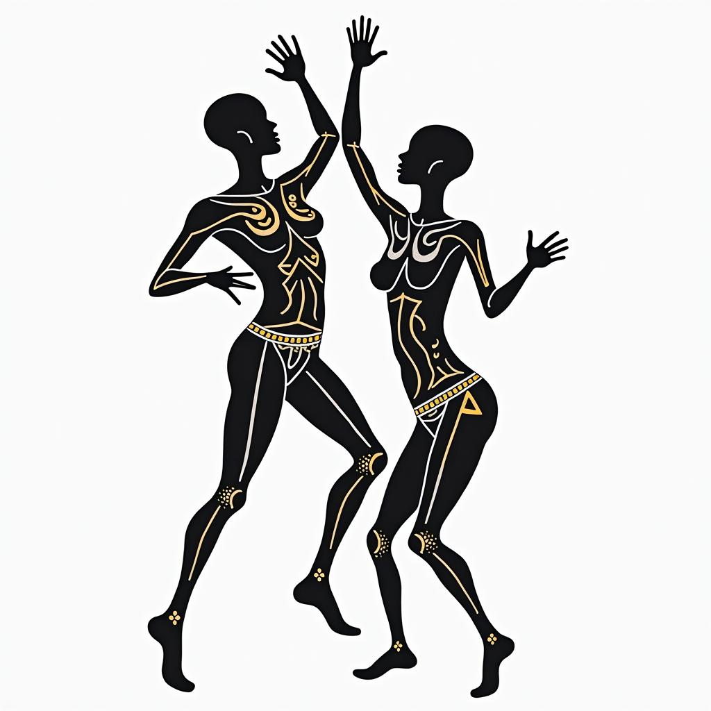 Tribal tattoo that reflects my African origins.abstract dancing figures in Keith Haring style, featuring bold black outlines and solid color fills, figures posed in dynamic and playful dance movements, minimalist design - Variation 2