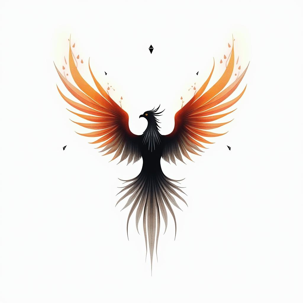 Rising phoenix with vibrant fiery wingsin minimalist style tattoo, featuring simple shapes and fine lines, with minimal shading and details, tiny triangles, creating a sense of balance and harmony
