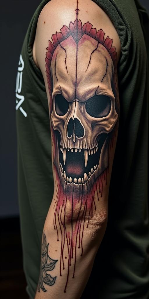 Lioncreepy horror tattoo style, featuring an eerie and unsettling skull of a demonic creature, distorted face with sharp fangs, add pentagram symbol - Variation 3