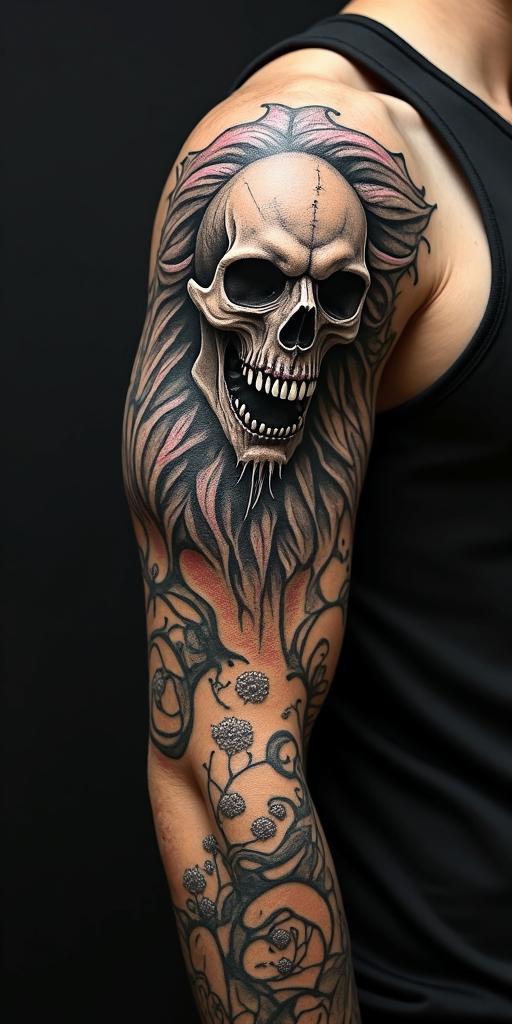 Lioncreepy horror tattoo style, featuring an eerie and unsettling skull of a demonic creature, distorted face with sharp fangs, add pentagram symbol - Variation 4