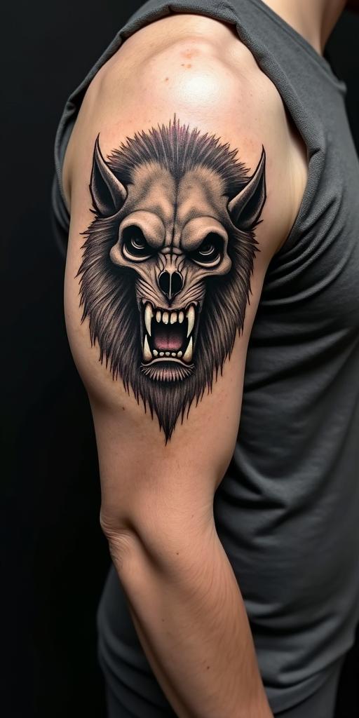 Lioncreepy horror tattoo style, featuring an eerie and unsettling skull of a demonic creature, distorted face with sharp fangs, add pentagram symbol