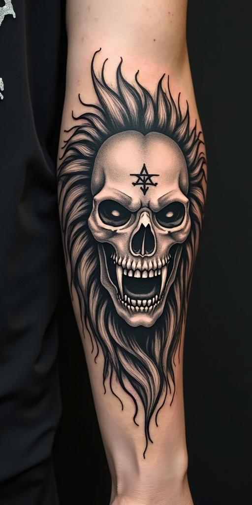 Lioncreepy horror tattoo style, featuring an eerie and unsettling skull of a demonic creature, distorted face with sharp fangs, add pentagram symbol - Variation 2