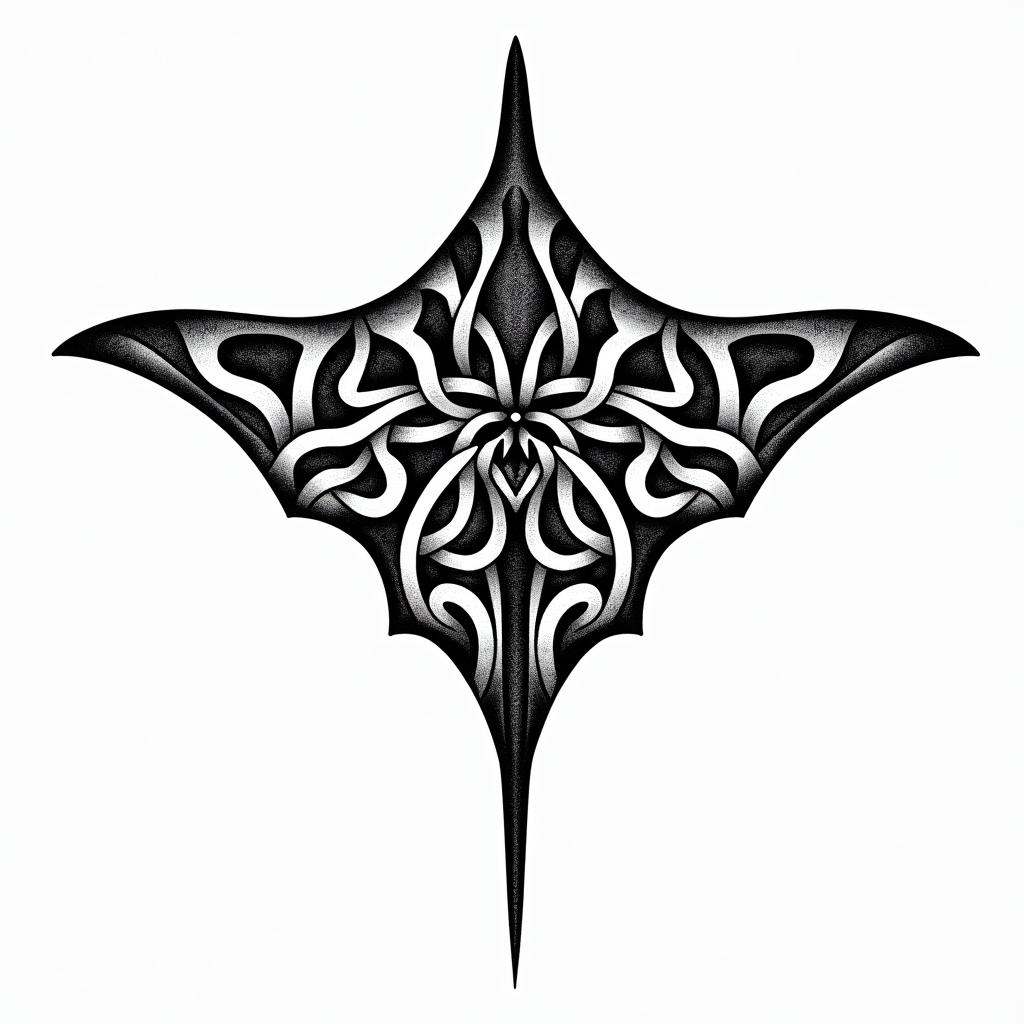 Manta ray, bold, Mayan and Hawaii influencesin tribal tattoo style, featuring bold and black geometric shapes, curved lines, intertwine and flow seamlessly, creating a powerful and symbolic design, polynesian and maori styles - Variation 3