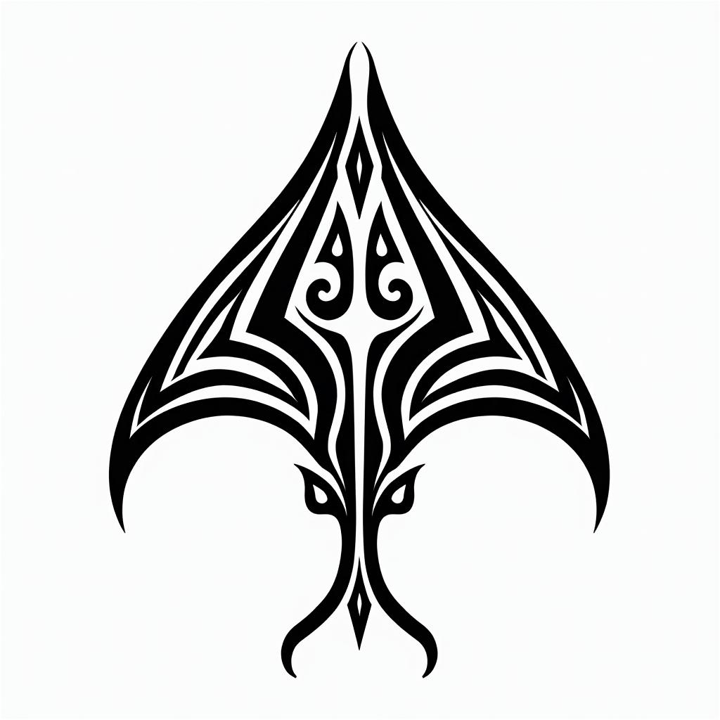 Manta ray, bold, Mayan and Hawaii influencesin tribal tattoo style, featuring bold and black geometric shapes, curved lines, intertwine and flow seamlessly, creating a powerful and symbolic design, polynesian and maori styles - Variation 4