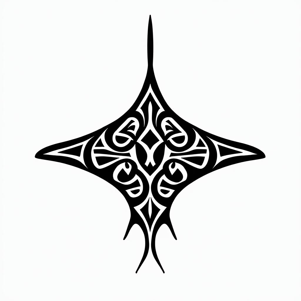 Manta ray, bold, Mayan and Hawaii influencesin tribal tattoo style, featuring bold and black geometric shapes, curved lines, intertwine and flow seamlessly, creating a powerful and symbolic design, polynesian and maori styles