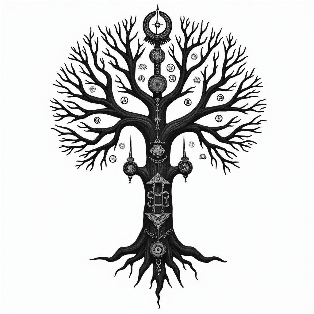 Viking tree of life familyin paganic style tattoo, featuring ancient symbols, add vegvisir symbol, mystical figures, incorporating designs, pentagrams, runes, crescent moons, - Variation 4