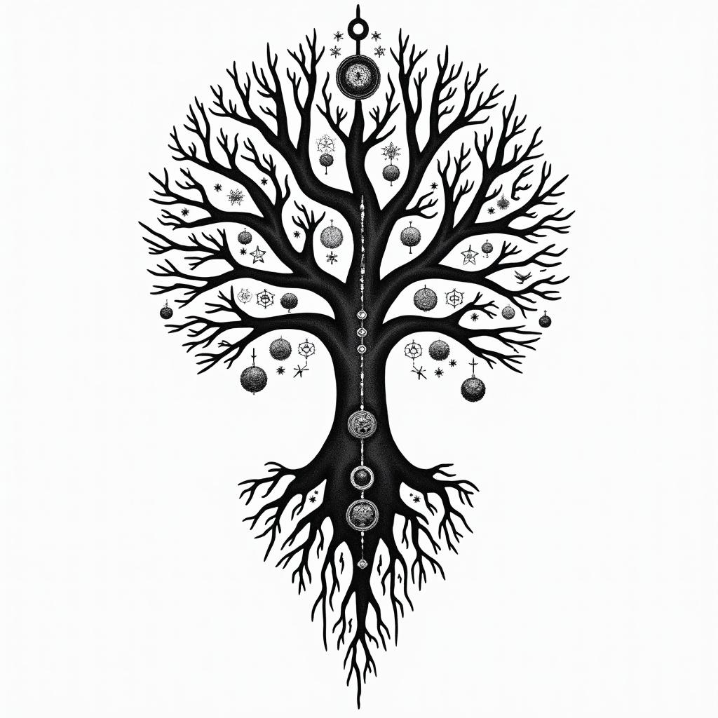 Viking tree of life familyin paganic style tattoo, featuring ancient symbols, add vegvisir symbol, mystical figures, incorporating designs, pentagrams, runes, crescent moons,