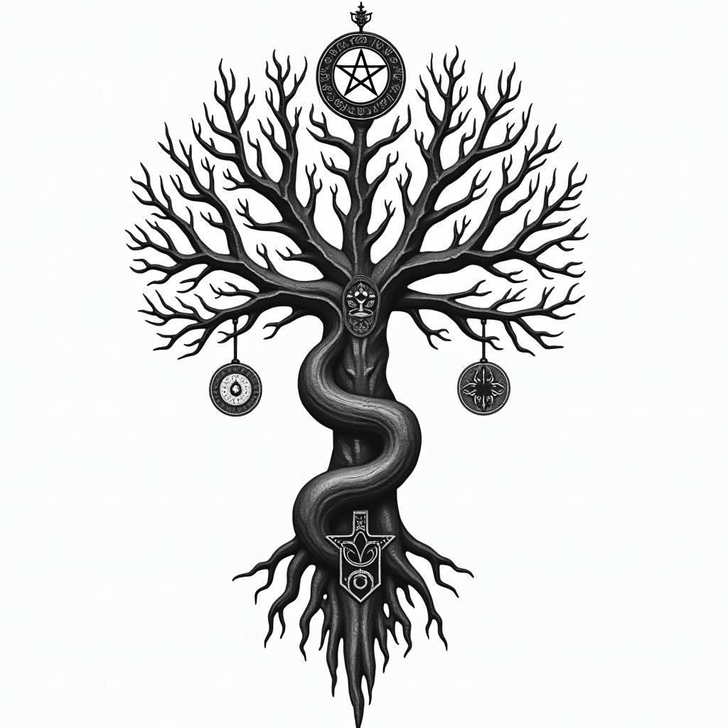 Viking tree of life familyin paganic style tattoo, featuring ancient symbols, add vegvisir symbol, mystical figures, incorporating designs, pentagrams, runes, crescent moons, - Variation 3