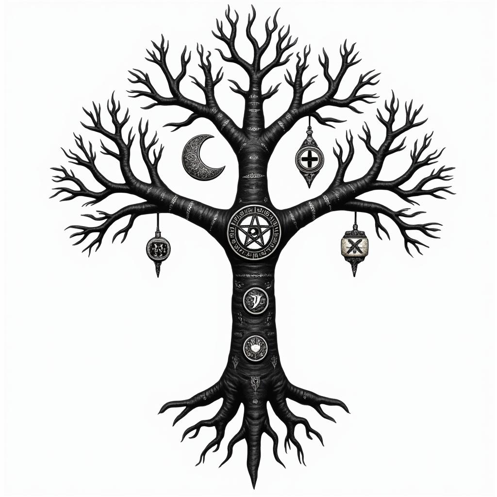 Viking tree of life familyin paganic style tattoo, featuring ancient symbols, add vegvisir symbol, mystical figures, incorporating designs, pentagrams, runes, crescent moons, - Variation 2