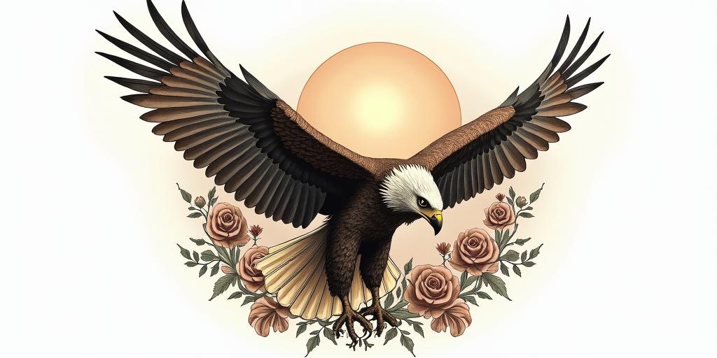 An eagle flying into the sunrise. You can see the eagle from behind and in the background beautiful landscapes and a rising sun.in victorian style tattoo, featuring vintage and elegant elements, ornate frames, roses, antique, sepia-toned color scheme