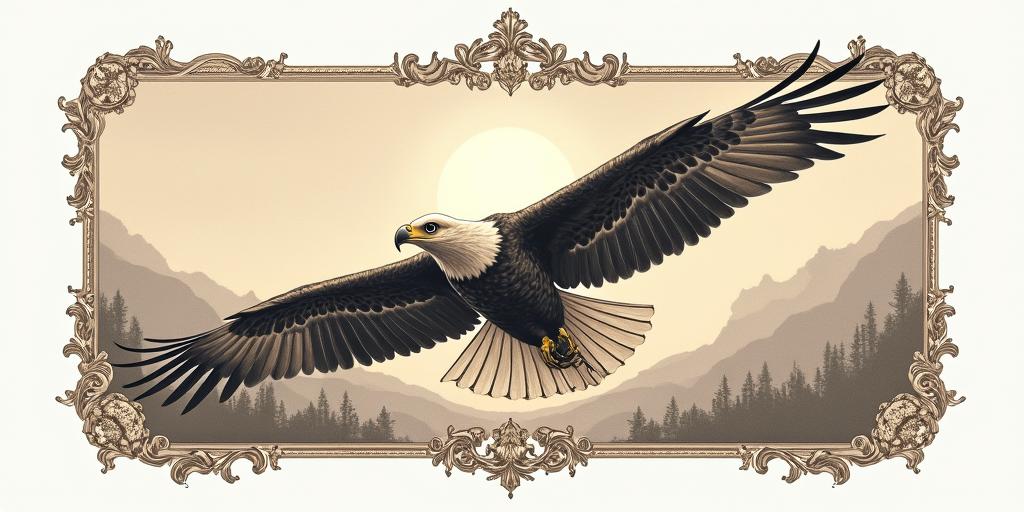 An eagle flying into the sunrise. You can see the eagle from behind and in the background beautiful landscapes and a rising sun.in victorian style tattoo, featuring vintage and elegant elements, ornate frames, roses, antique, sepia-toned color scheme - Variation 2