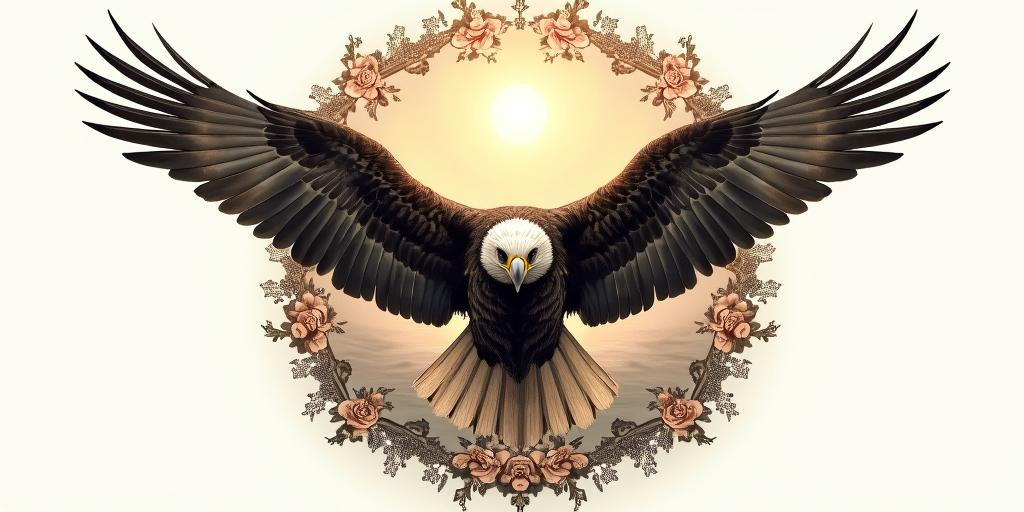 An eagle flying into the sunrise. You can see the eagle from behind and in the background beautiful landscapes and a rising sun.in victorian style tattoo, featuring vintage and elegant elements, ornate frames, roses, antique, sepia-toned color scheme - Variation 4