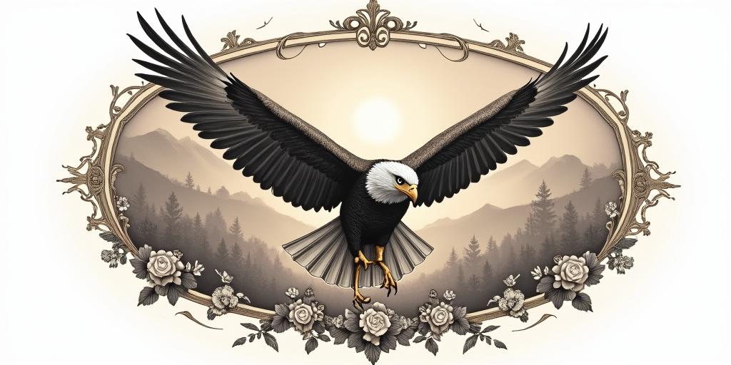 An eagle flying into the sunrise. You can see the eagle from behind and in the background beautiful landscapes and a rising sun.in victorian style tattoo, featuring vintage and elegant elements, ornate frames, roses, antique, sepia-toned color scheme - Variation 3
