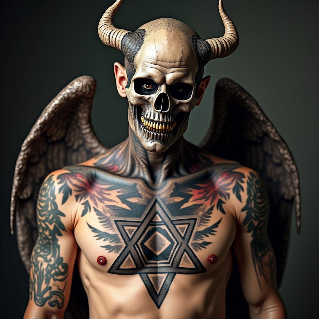 Angel with demoncreepy horror tattoo style, featuring an eerie and unsettling skull of a demonic creature, distorted face with sharp fangs, add pentagram symbol - Variation 7