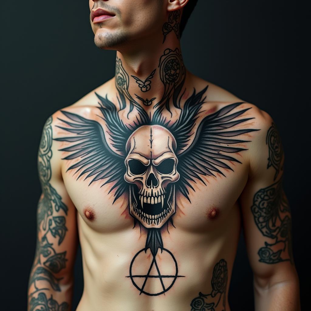 Angel with demoncreepy horror tattoo style, featuring an eerie and unsettling skull of a demonic creature, distorted face with sharp fangs, add pentagram symbol - Variation 6
