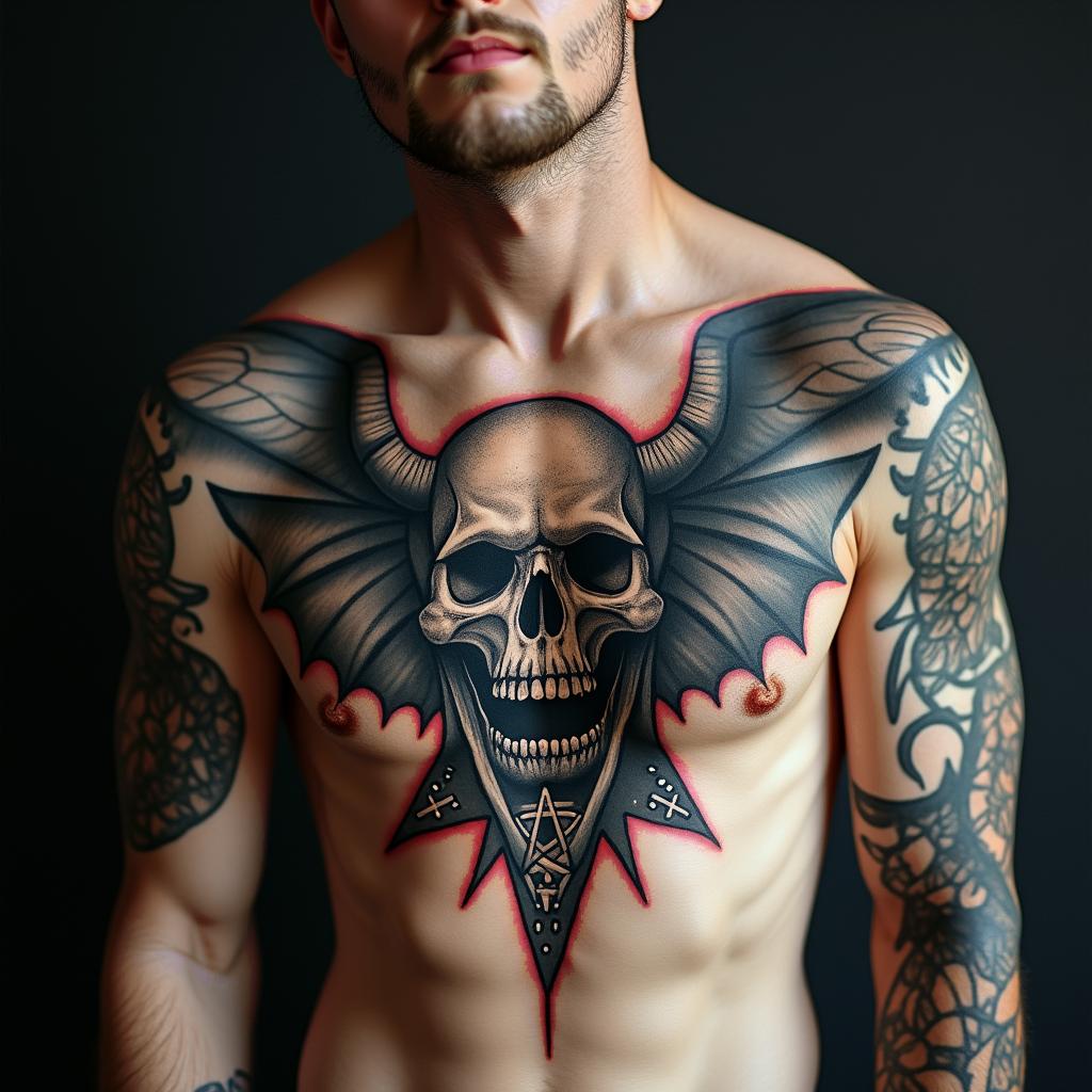 Angel with demoncreepy horror tattoo style, featuring an eerie and unsettling skull of a demonic creature, distorted face with sharp fangs, add pentagram symbol - Variation 5
