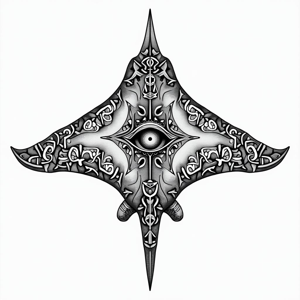Manta ray, bold, Mayan and Hawaii influencesin prophecy tattoo style, featuring mystical symbols, celestial imagery like stars, moons, suns, geometric patterns, foretelling elements, an eye of wisdom - Variation 8