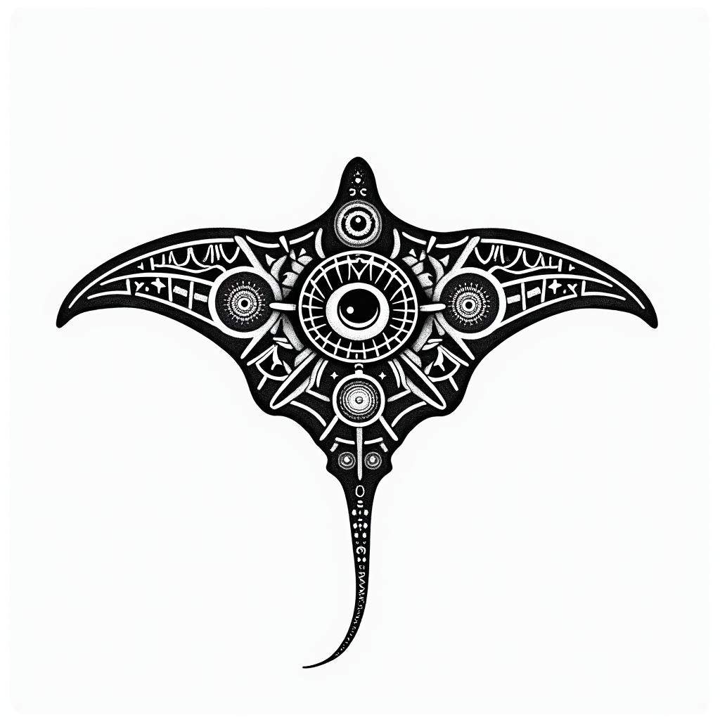Manta ray, bold, Mayan and Hawaii influencesin prophecy tattoo style, featuring mystical symbols, celestial imagery like stars, moons, suns, geometric patterns, foretelling elements, an eye of wisdom - Variation 5