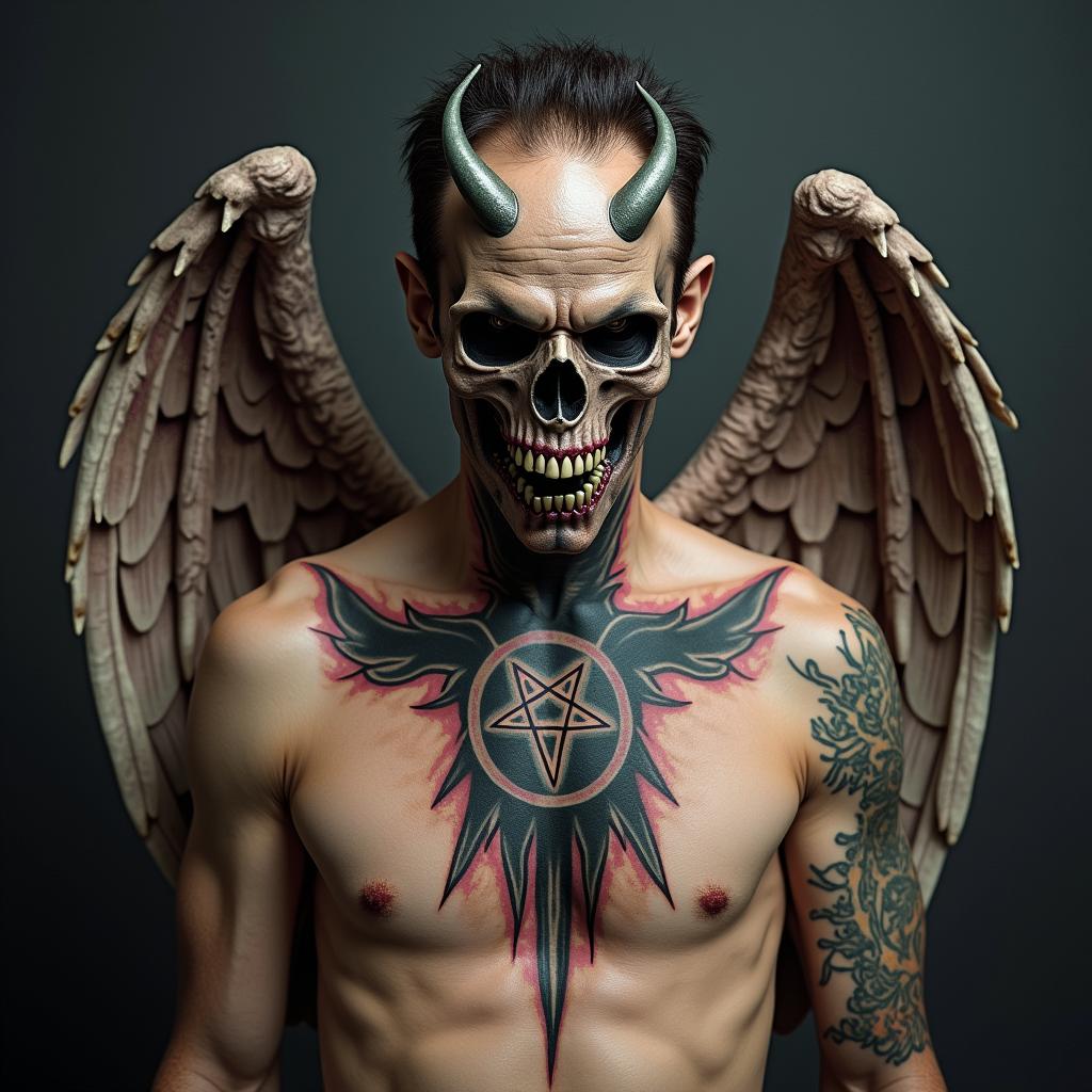 Angel with demoncreepy horror tattoo style, featuring an eerie and unsettling skull of a demonic creature, distorted face with sharp fangs, add pentagram symbol - Variation 2
