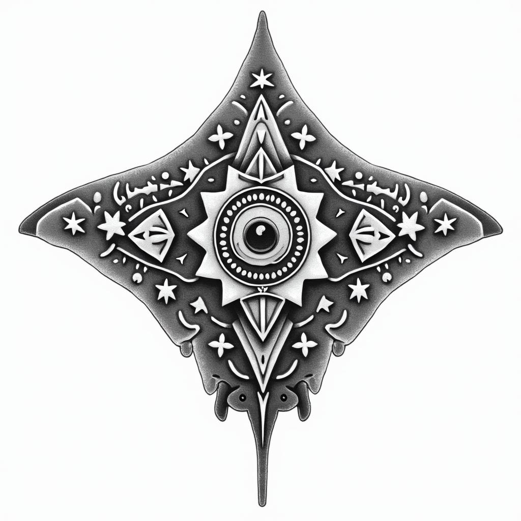 Manta ray, bold, Mayan and Hawaii influencesin prophecy tattoo style, featuring mystical symbols, celestial imagery like stars, moons, suns, geometric patterns, foretelling elements, an eye of wisdom - Variation 2