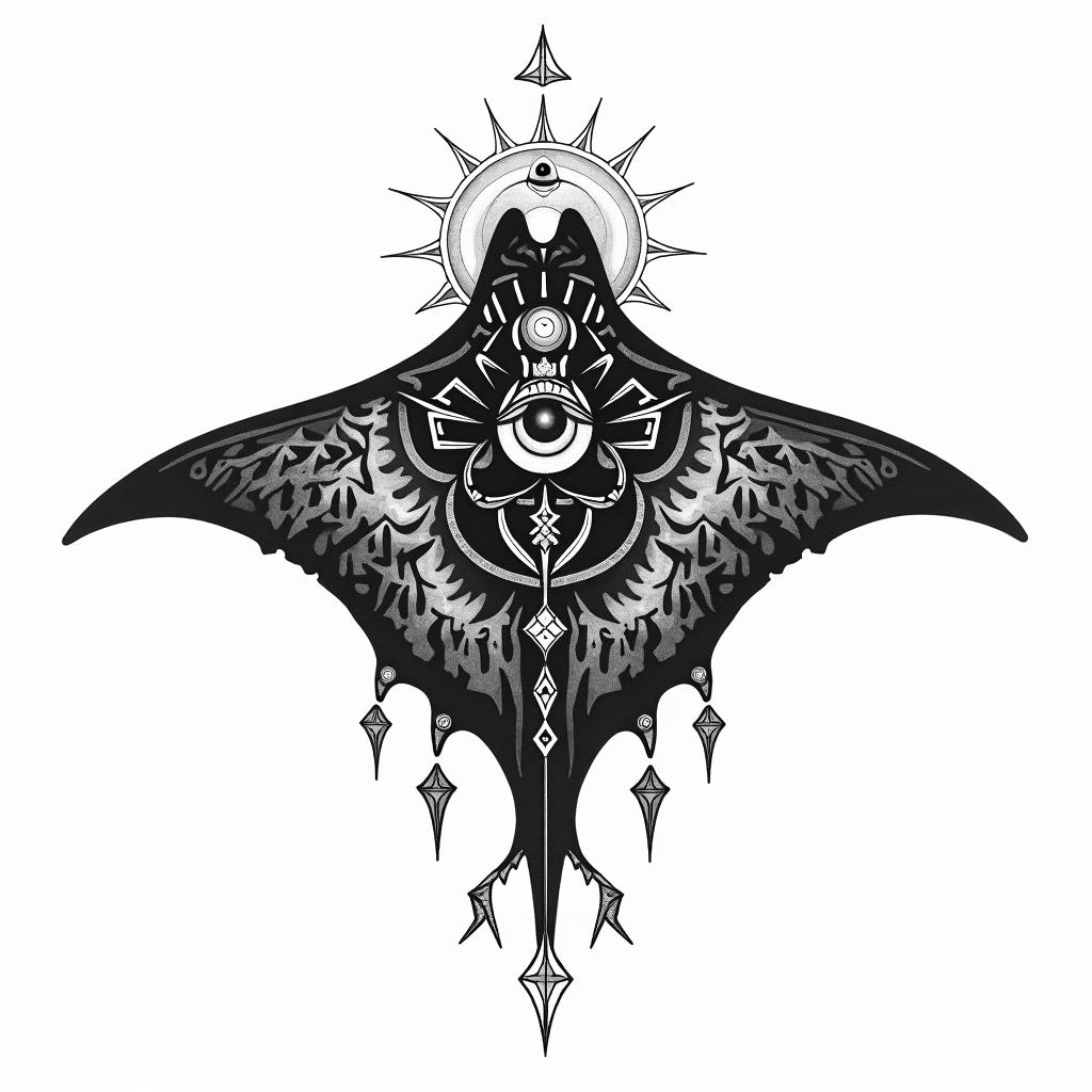 Manta ray, bold, Mayan and Hawaii influencesin prophecy tattoo style, featuring mystical symbols, celestial imagery like stars, moons, suns, geometric patterns, foretelling elements, an eye of wisdom