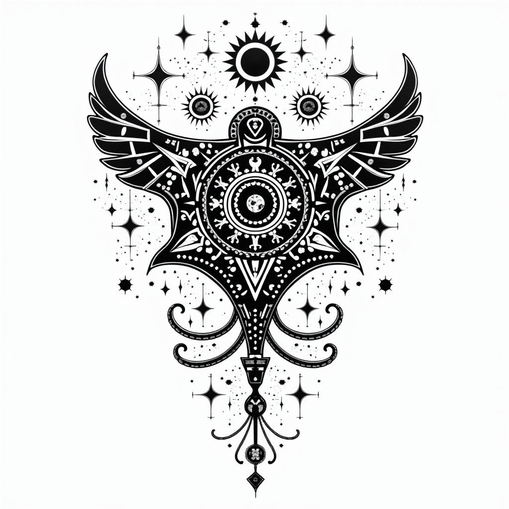 Manta ray, bold, Mayan and Hawaii influencesin prophecy tattoo style, featuring mystical symbols, celestial imagery like stars, moons, suns, geometric patterns, foretelling elements, an eye of wisdom - Variation 4