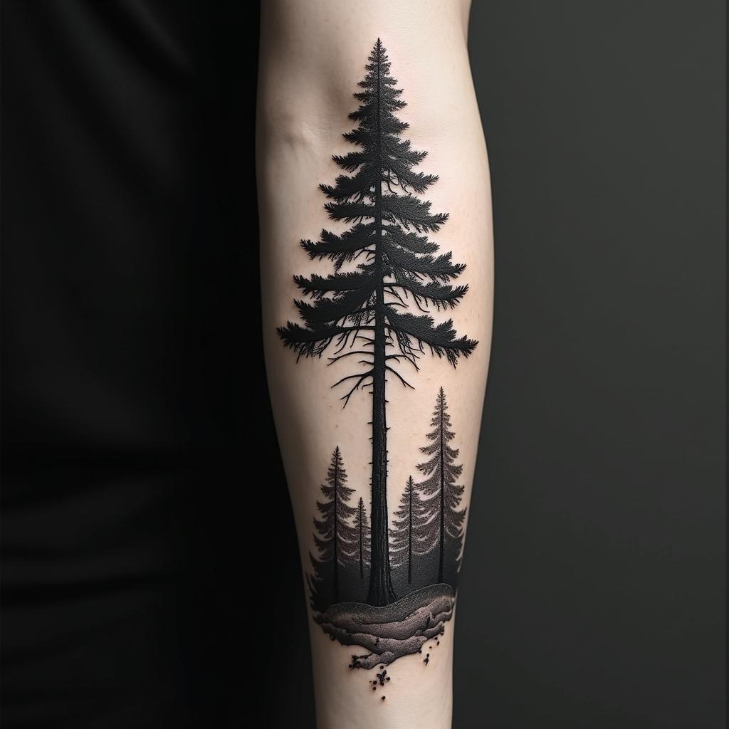Pine treein realism tattoo style, featuring a highly detailed, lifelike, capturing every detail, photorealistic, ultra realistic, intricate shading, smooth and sharp, - Variation 3
