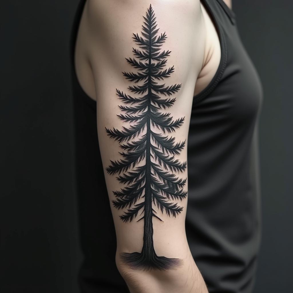 Pine treein realism tattoo style, featuring a highly detailed, lifelike, capturing every detail, photorealistic, ultra realistic, intricate shading, smooth and sharp, - Variation 2