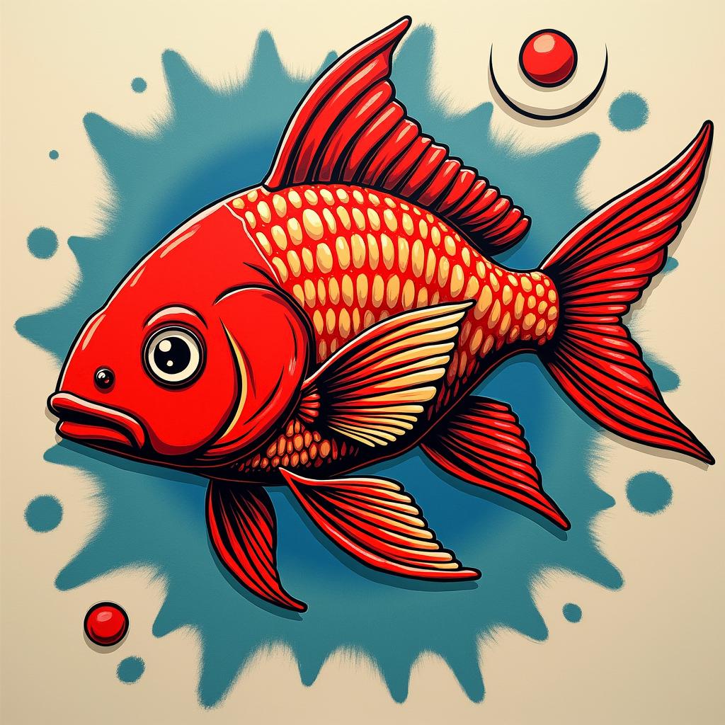 Red fishin pop art style tattoo, featuring bold and vibrant colors, exaggerated outlines, iconic imagery, inspired by comic books and speech bubbles, comic book characters, retro pop culture - Variation 2