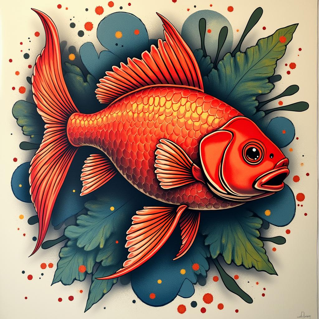 Red fishin pop art style tattoo, featuring bold and vibrant colors, exaggerated outlines, iconic imagery, inspired by comic books and speech bubbles, comic book characters, retro pop culture - Variation 4