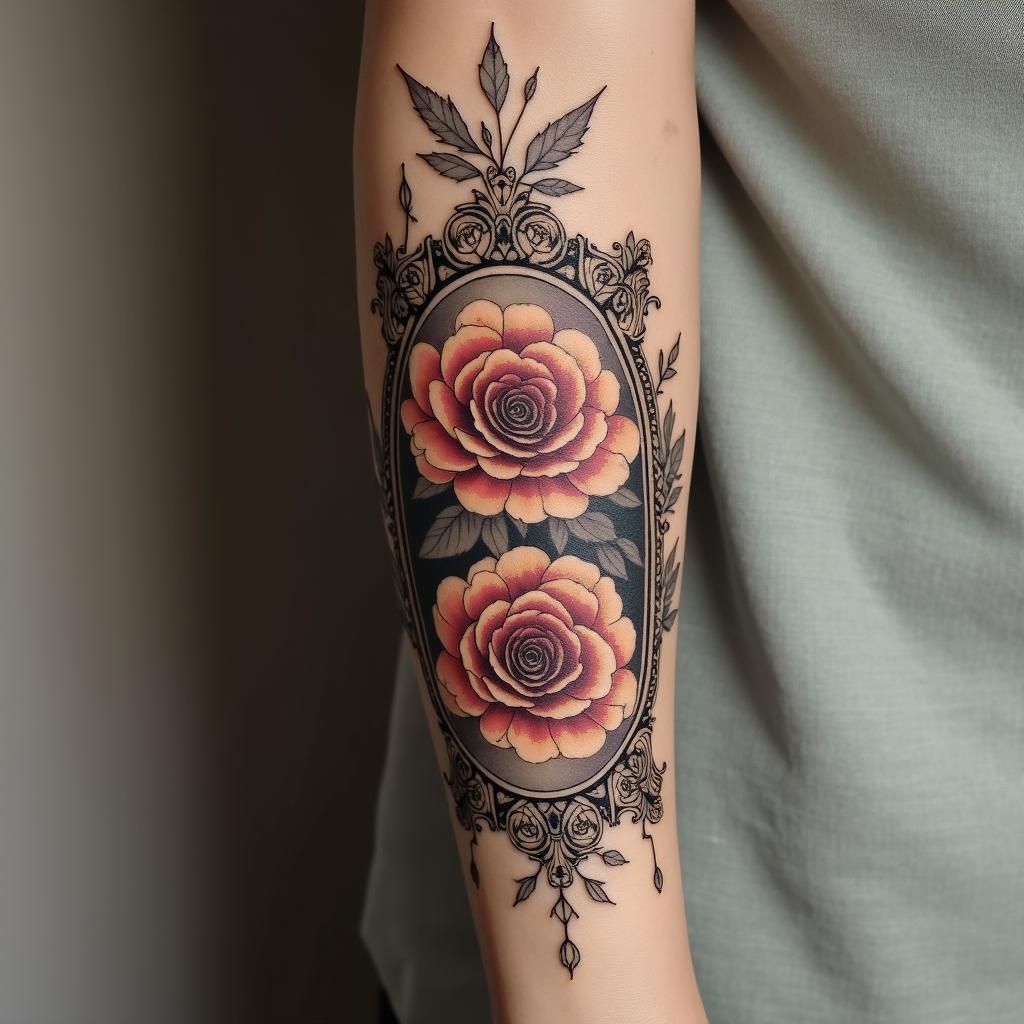 Flower realism tattoo sleeve with some book element that is not a focus I want the sleeve to be flowlyin victorian style tattoo, featuring vintage and elegant elements, ornate frames, roses, antique, sepia-toned color scheme