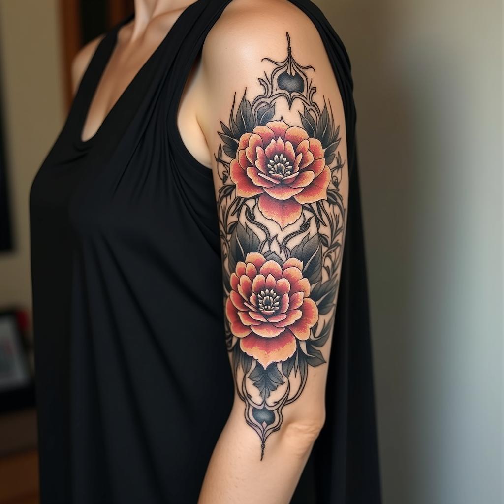 Flower realism tattoo sleeve with some book element that is not a focus I want the sleeve to be flowlyin victorian style tattoo, featuring vintage and elegant elements, ornate frames, roses, antique, sepia-toned color scheme - Variation 2