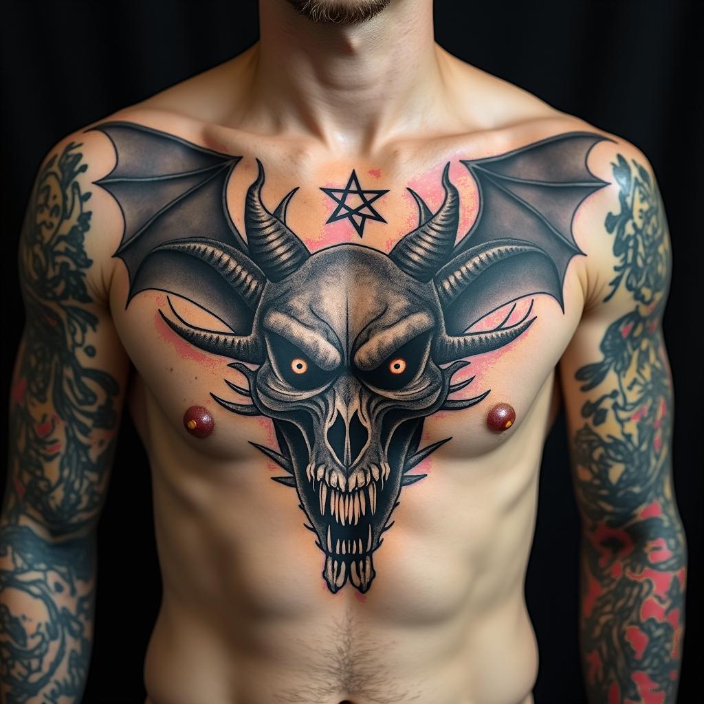 Dragoncreepy horror tattoo style, featuring an eerie and unsettling skull of a demonic creature, distorted face with sharp fangs, add pentagram symbol - Variation 2