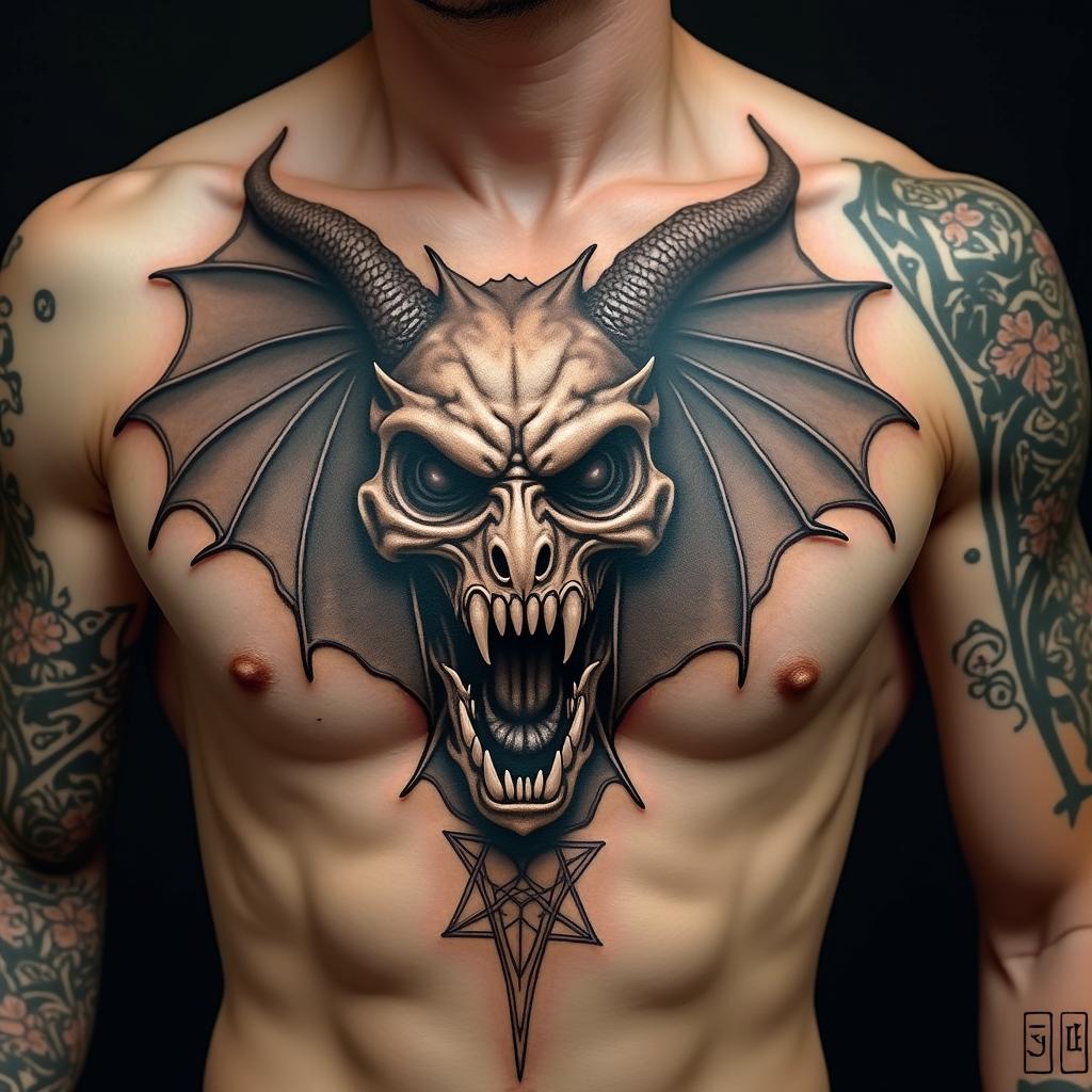 Dragoncreepy horror tattoo style, featuring an eerie and unsettling skull of a demonic creature, distorted face with sharp fangs, add pentagram symbol - Variation 4