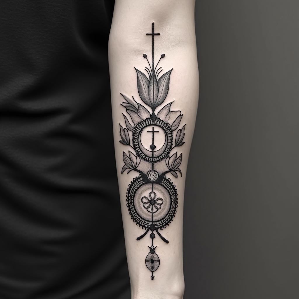 Please create a cover-up tattoo that includes a small hummingbird, tomato leaves, the sun and moon, something to symbolize motherhood of my two daughters, a cross, knot of happiness, guiding star and circles of balance.in authentic tattoo style, incorporating traditional modifications, bold black outlines, solid color fills, featuring classic authentic elements - Variation 6