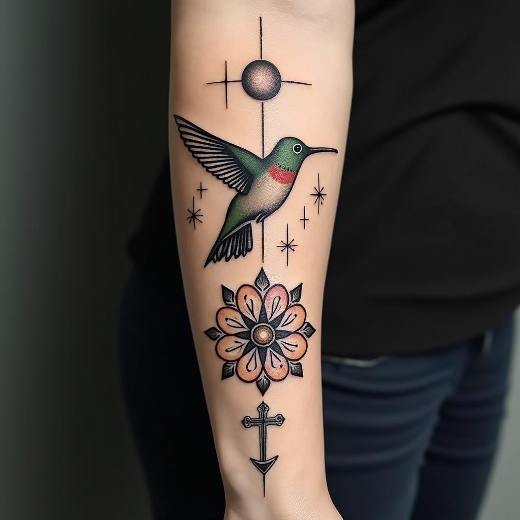 Please create a cover-up tattoo that includes a small hummingbird, tomato leaves, the sun and moon, something to symbolize motherhood of my two daughters, a cross, knot of happiness, guiding star and circles of balance.in authentic tattoo style, incorporating traditional modifications, bold black outlines, solid color fills, featuring classic authentic elements - Variation 7