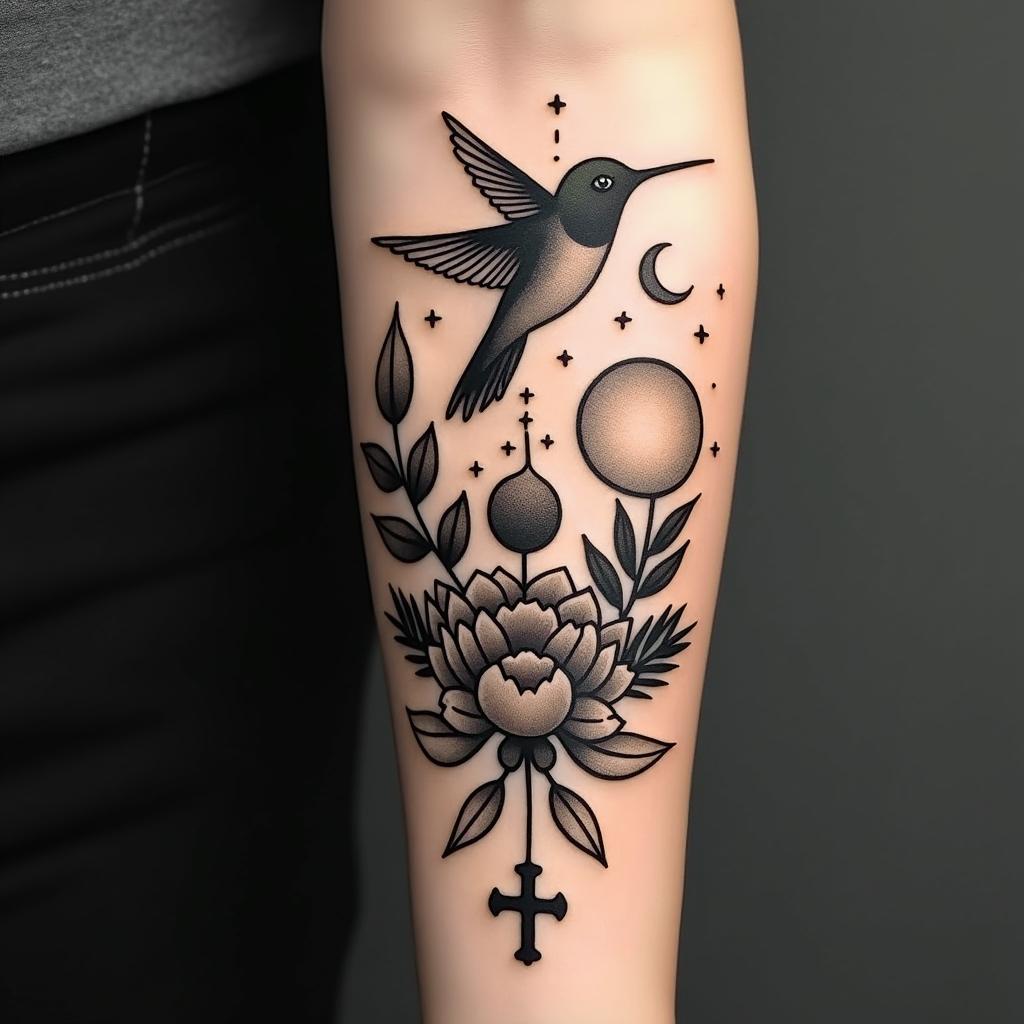 Please create a cover-up tattoo that includes a small hummingbird, tomato leaves, the sun and moon, something to symbolize motherhood of my two daughters, a cross, knot of happiness, guiding star and circles of balance.in authentic tattoo style, incorporating traditional modifications, bold black outlines, solid color fills, featuring classic authentic elements