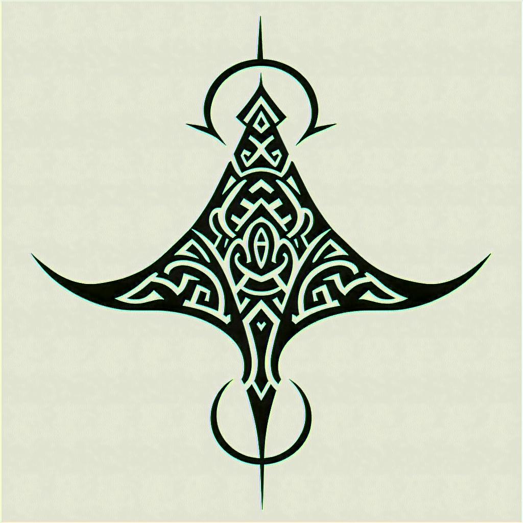 Manta ray, bold, Mayan calendarin tribal tattoo style, featuring bold and black geometric shapes, curved lines, intertwine and flow seamlessly, creating a powerful and symbolic design, polynesian and maori styles - Variation 8