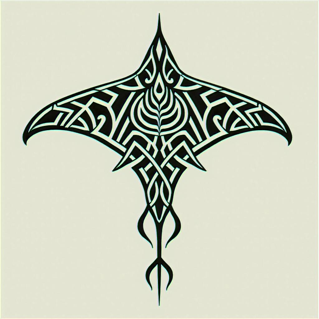 Manta ray, bold, Mayan calendarin tribal tattoo style, featuring bold and black geometric shapes, curved lines, intertwine and flow seamlessly, creating a powerful and symbolic design, polynesian and maori styles - Variation 6