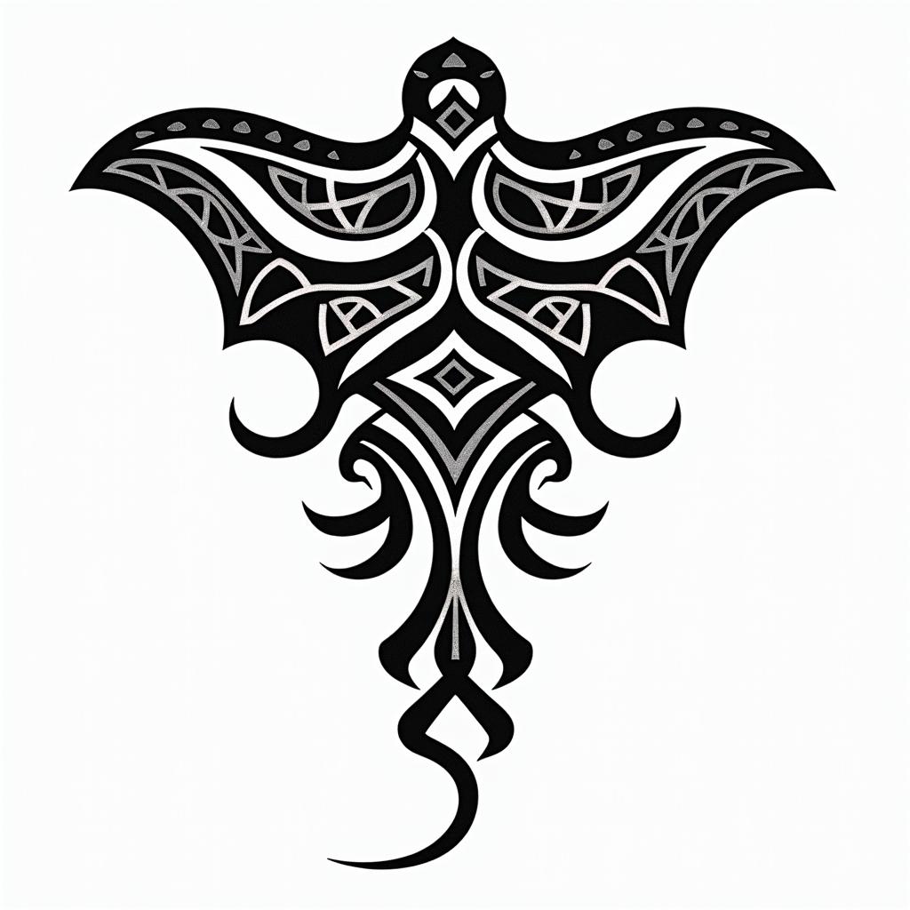 Manta ray, bold, Mayan calendarin tribal tattoo style, featuring bold and black geometric shapes, curved lines, intertwine and flow seamlessly, creating a powerful and symbolic design, polynesian and maori styles - Variation 5