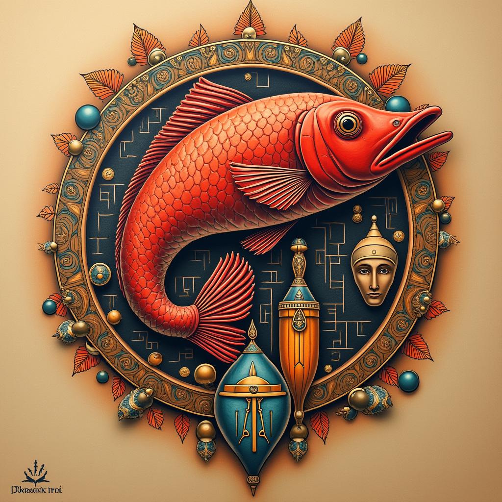 Red fishin egyptian style tattoo, bold elements of ancient egyptian culture including a portrait of an Egyptian pharaoh with detailed facial features, in hieroglyphs and symbolic imagery, eye of horus, ankh symbol, scarab beetle - Variation 3