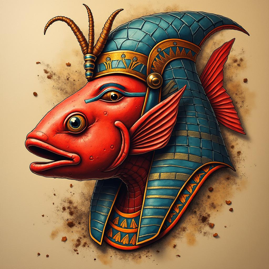 Red fishin egyptian style tattoo, bold elements of ancient egyptian culture including a portrait of an Egyptian pharaoh with detailed facial features, in hieroglyphs and symbolic imagery, eye of horus, ankh symbol, scarab beetle - Variation 2