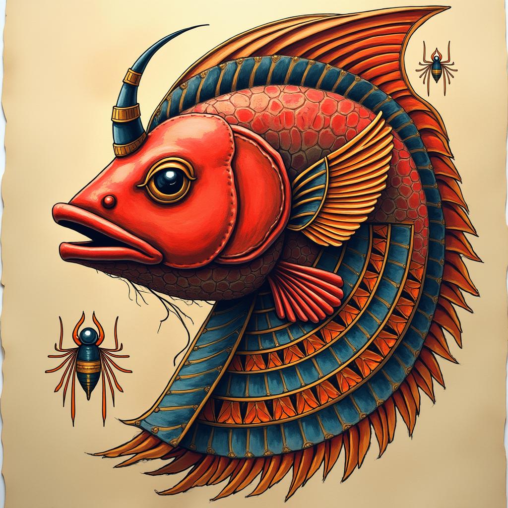 Red fishin egyptian style tattoo, bold elements of ancient egyptian culture including a portrait of an Egyptian pharaoh with detailed facial features, in hieroglyphs and symbolic imagery, eye of horus, ankh symbol, scarab beetle