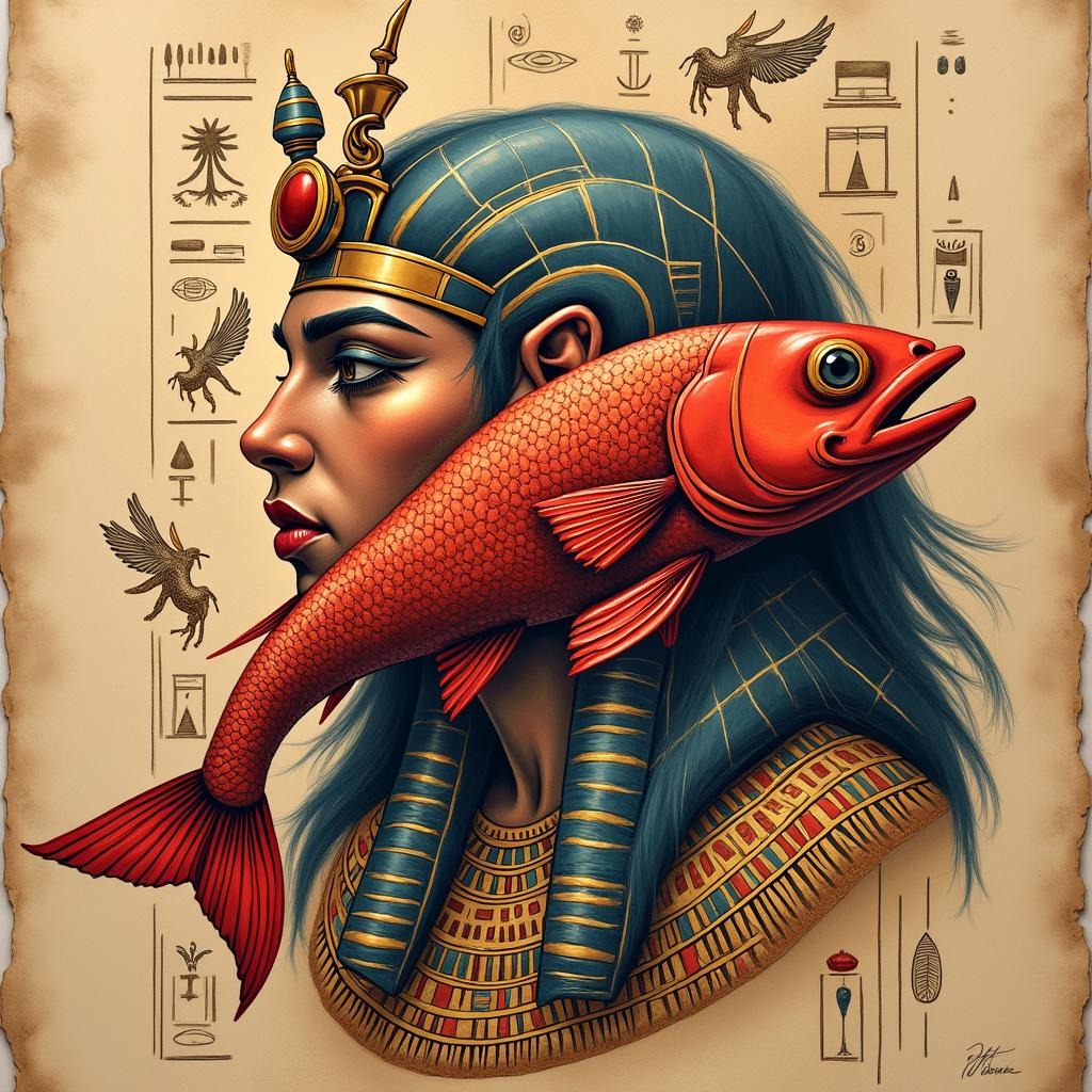 Red fishin egyptian style tattoo, bold elements of ancient egyptian culture including a portrait of an Egyptian pharaoh with detailed facial features, in hieroglyphs and symbolic imagery, eye of horus, ankh symbol, scarab beetle - Variation 4