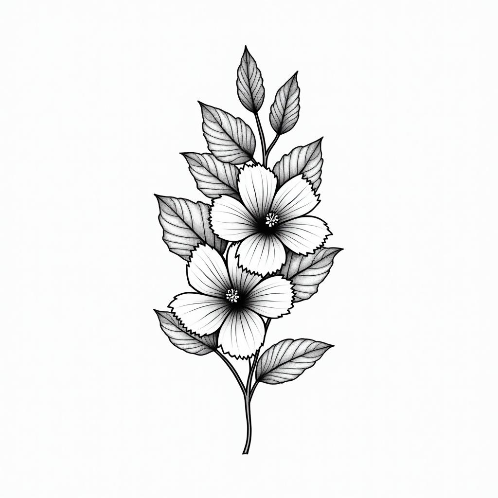 Fine line work, geometric, floral design of monstera leaves with hibiscus flowersin minimalist style tattoo, featuring simple shapes and fine lines, with minimal shading and details, tiny triangles, creating a sense of balance and harmony - Variation 4