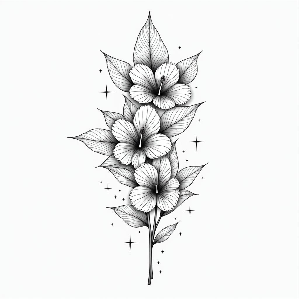 Fine line work, geometric, floral design of monstera leaves with hibiscus flowersin minimalist style tattoo, featuring simple shapes and fine lines, with minimal shading and details, tiny triangles, creating a sense of balance and harmony - Variation 3