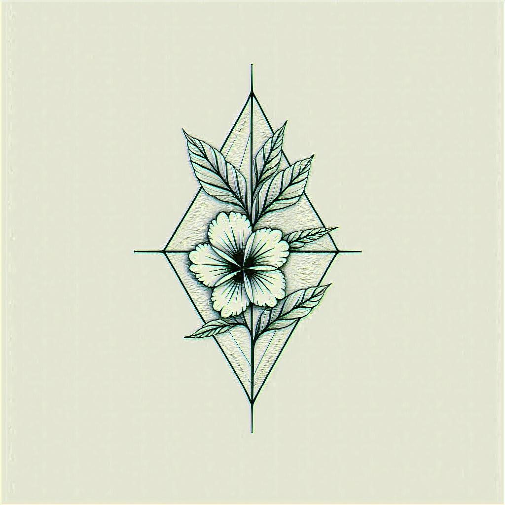 Fine line work, geometric, floral design of monstera leaves with hibiscus flowersin minimalist style tattoo, featuring simple shapes and fine lines, with minimal shading and details, tiny triangles, creating a sense of balance and harmony - Variation 2
