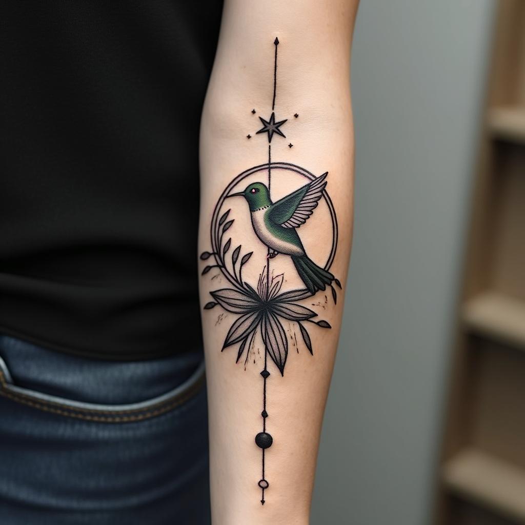 Please create a cover-up tattoo that includes a small hummingbird, tomato leaves, the sun and moon, something to symbolize motherhood of my two daughters, a cross, knot of happiness, guiding star and circles of balance.in bohemian style tattoo, 8k - Variation 2