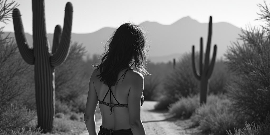 Hiking trail mountains trees one saguaro cactus no cloudshigly detailed tattoo - Variation 6