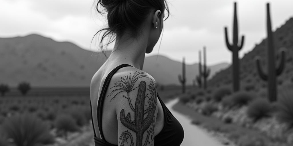 Hiking trail mountains trees one saguaro cactus no cloudshigly detailed tattoo - Variation 8